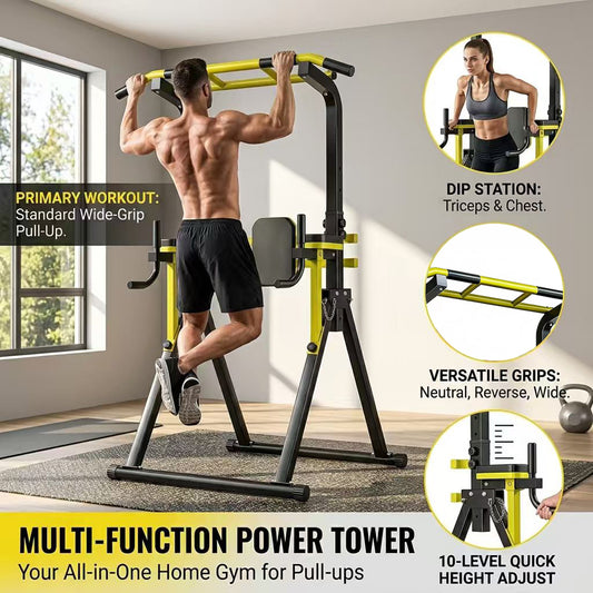 Fahuac Power Tower Pull Up Bar Station, 10-Level Adjustable Height Dip Station, Heavy-duty Frame Structure,Multi-Functional Home Gym Strength Training Equipment