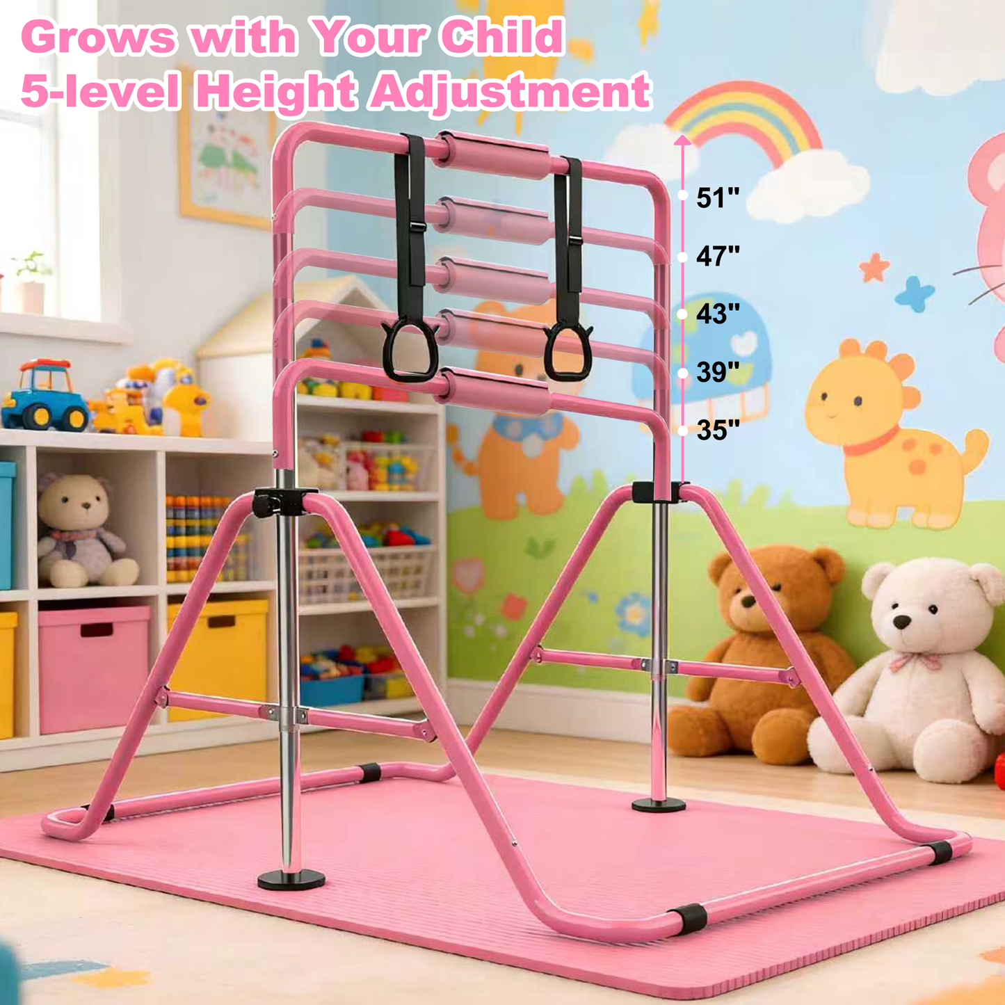 【Fahuac】Gymnastics Bar for Kids, Gymnastics Horizontal Bar with Adjustable Height Foldable Training Bar with Mat for Home Practice