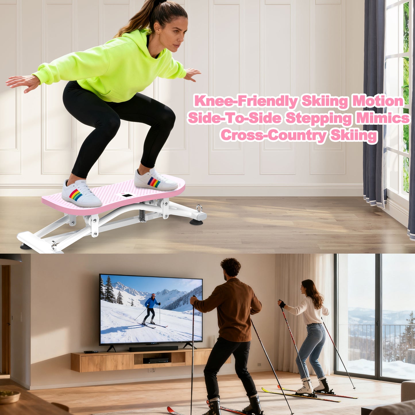 Sliding Ski Simulator with Resistance Bands - Indoor Skiing Fitness Equipment for Home Gym, With Resistance Bands & Non-Slip Base, Full-Body Cardio Training Machine for Core, Leg & Arm Workout