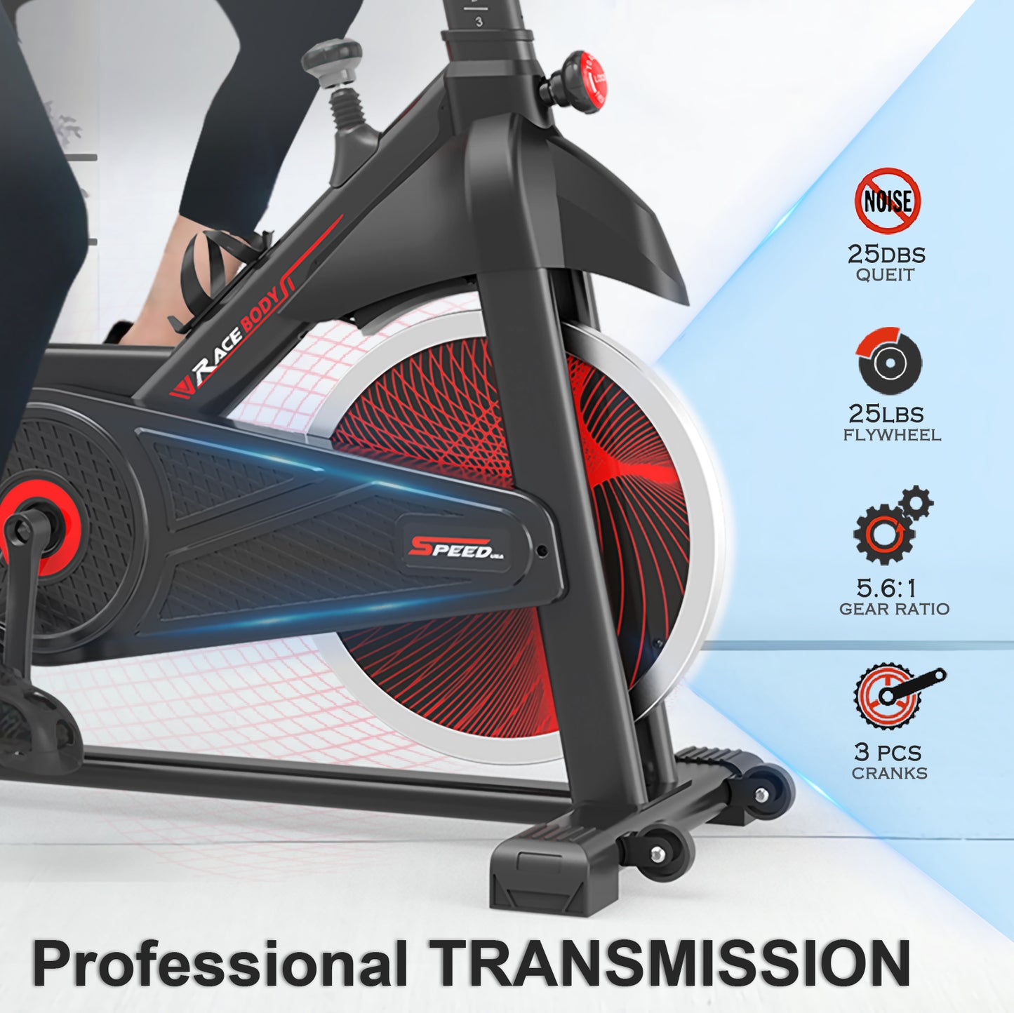 Fahuac Exercise Bike with Felt Brakes & Belt Transmission Stationary Bike for Home Use 300 lb Weight Capacity LED Display & Adjustable Seat Indoor Cycling Spin Bike Workout Black-Red