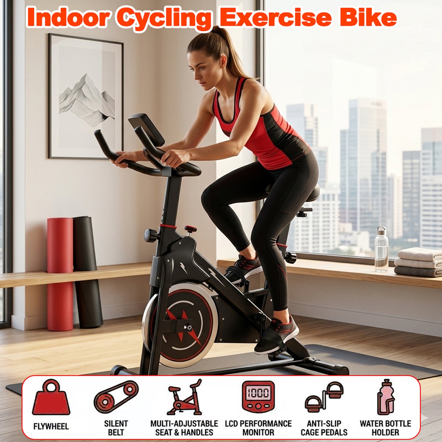 【Fahuac】Indoor Exercise Bike, Stationary Cycling Bike with Monitor, Adjustable Resistance, Comfortable Seat & Handlebars, Stable Base, Portable Design Home Fitness Workout Cycle for Daily Indoor Use