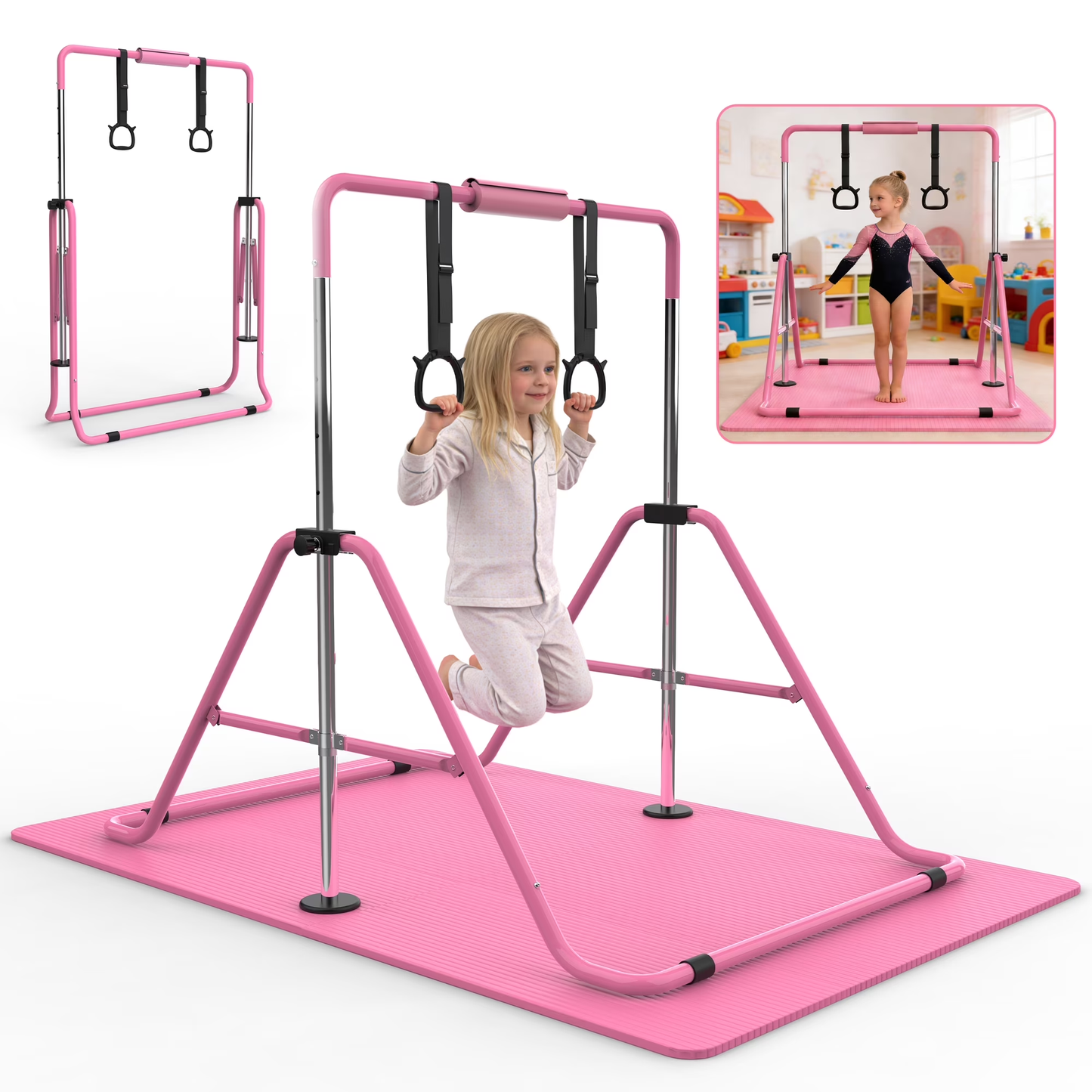 【Fahuac】Gymnastics Bar for Kids, Gymnastics Horizontal Bar with Adjustable Height Foldable Training Bar with Mat for Home Practice