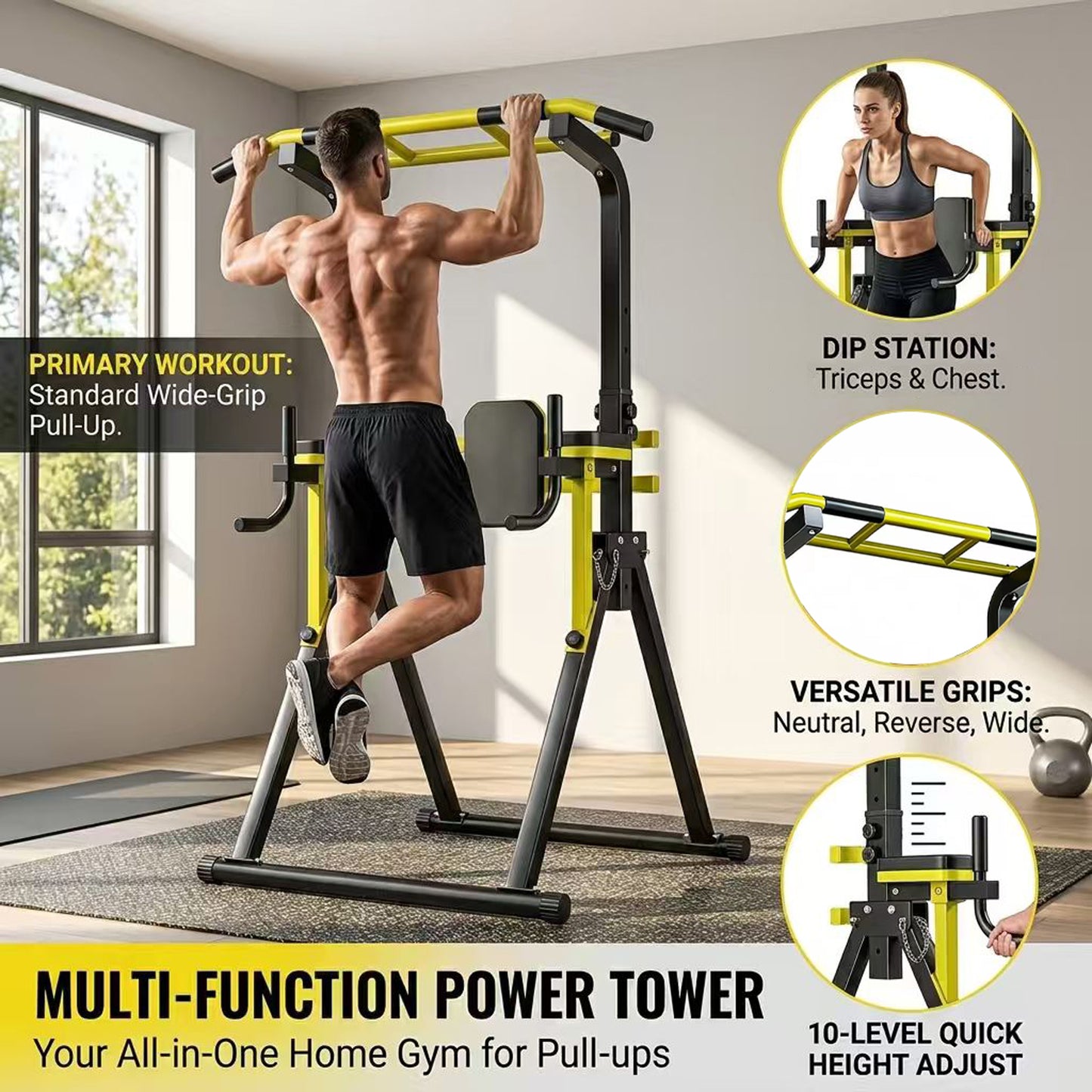 Fahuac Power Tower Pull Up Bar Station, 10-Level Adjustable Height Dip Station, Heavy-duty Frame Structure,Multi-Functional Home Gym Strength Training Equipment