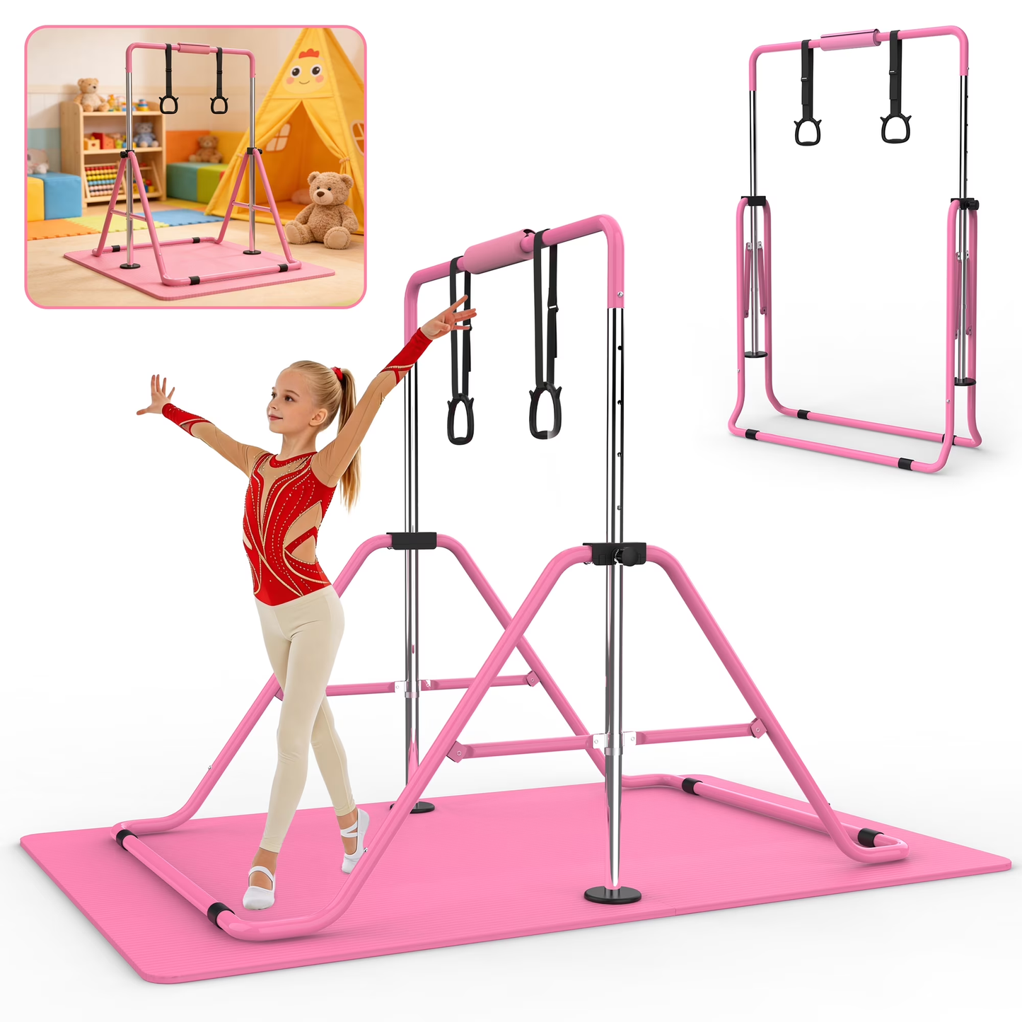 【Fahuac】Gymnastics Bar for Kids, Gymnastics Horizontal Bar with Adjustable Height Foldable Training Bar with Mat for Home Practice