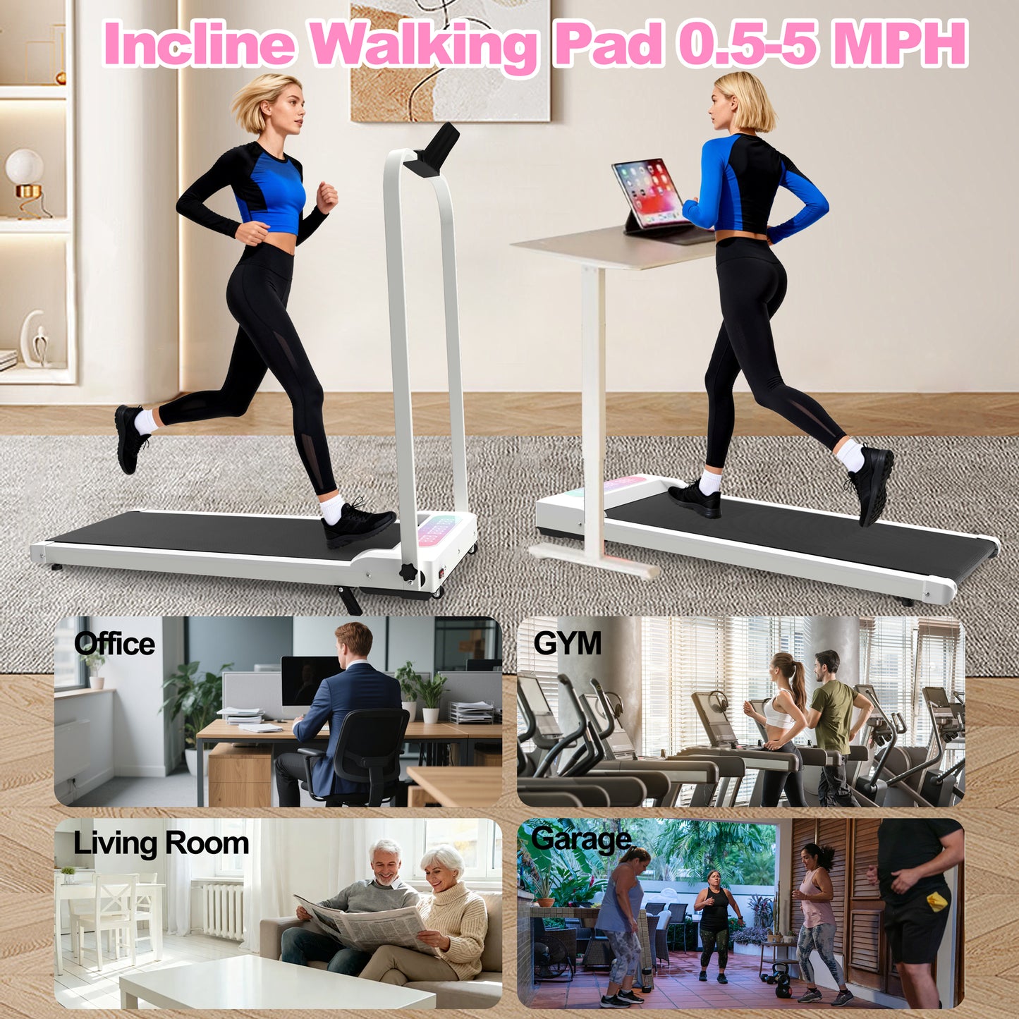 Foldable Treadmill with Handle Bar & Incline, 2 in 1 Upgrade Portable Under Desk Walking Pad and Vibration Pad with Remote Control for Home Office Small Spaces&nbsp;