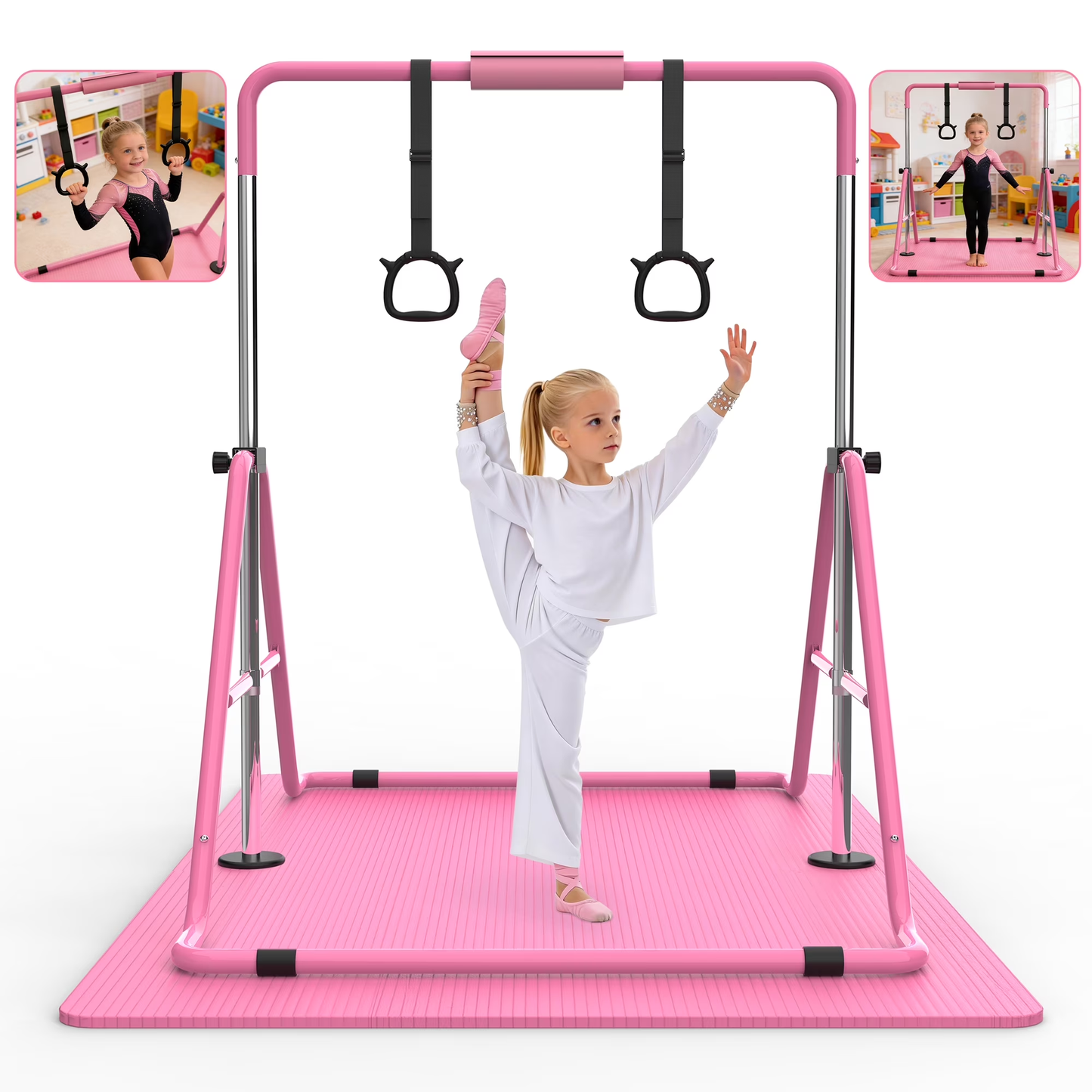 【Fahuac】Gymnastics Bar for Kids, Gymnastics Horizontal Bar with Adjustable Height Foldable Training Bar with Mat for Home Practice