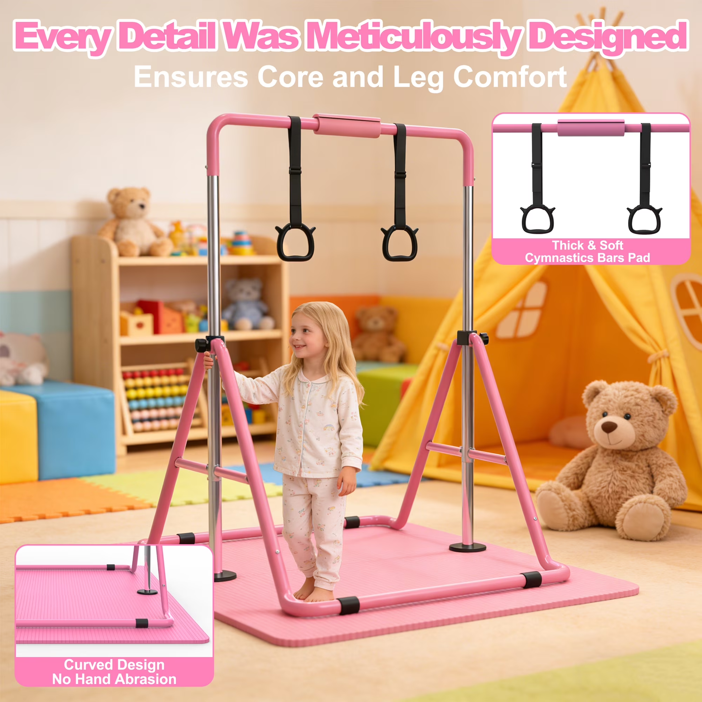 【Fahuac】Gymnastics Bar for Kids, Gymnastics Horizontal Bar with Adjustable Height Foldable Training Bar with Mat for Home Practice