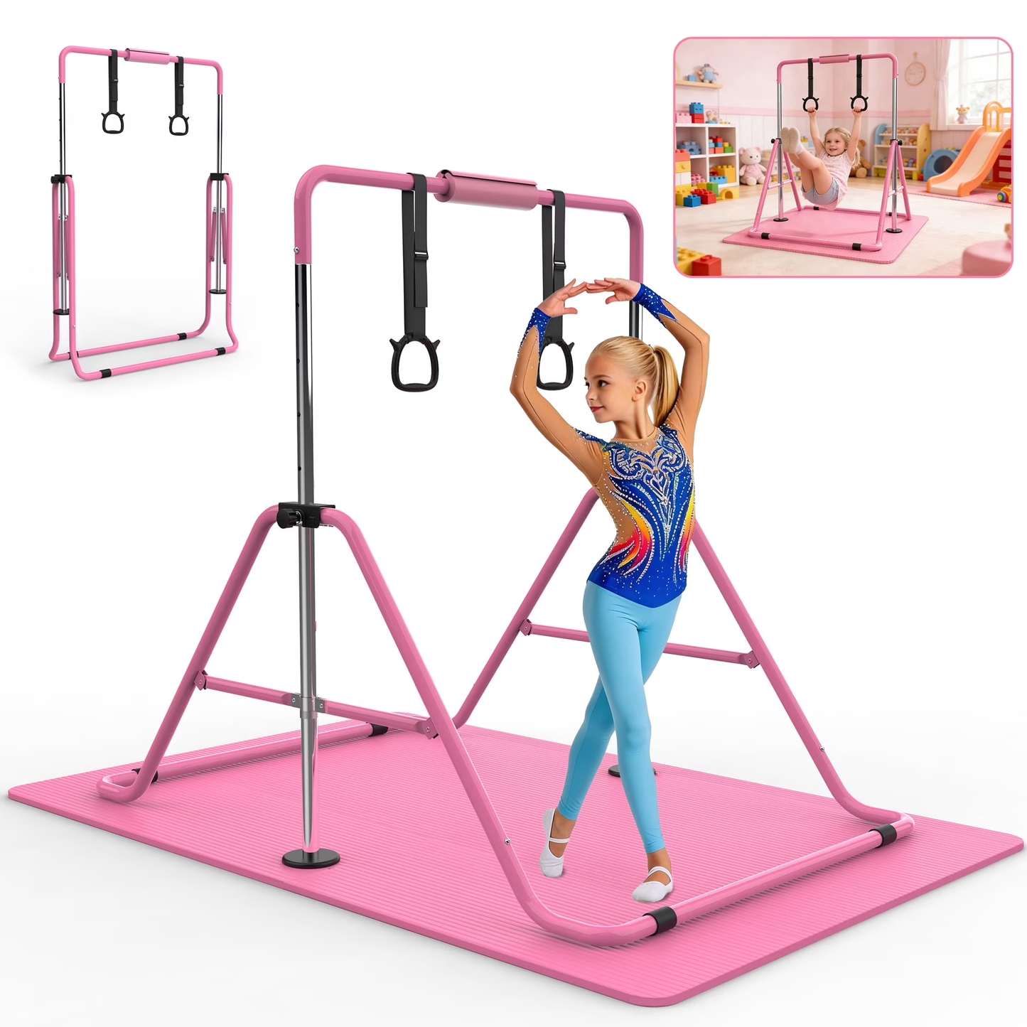 【Fahuac】Gymnastics Bar for Kids, Gymnastics Horizontal Bar with Adjustable Height Foldable Training Bar with Mat for Home Practice